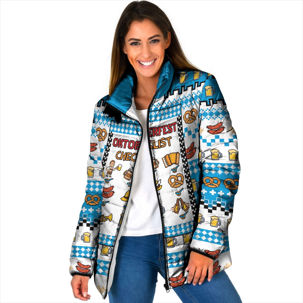 Oktoberfest Checklist Padded Jacket Pixel Beer Pretzel Sausage Bavarian Pattern