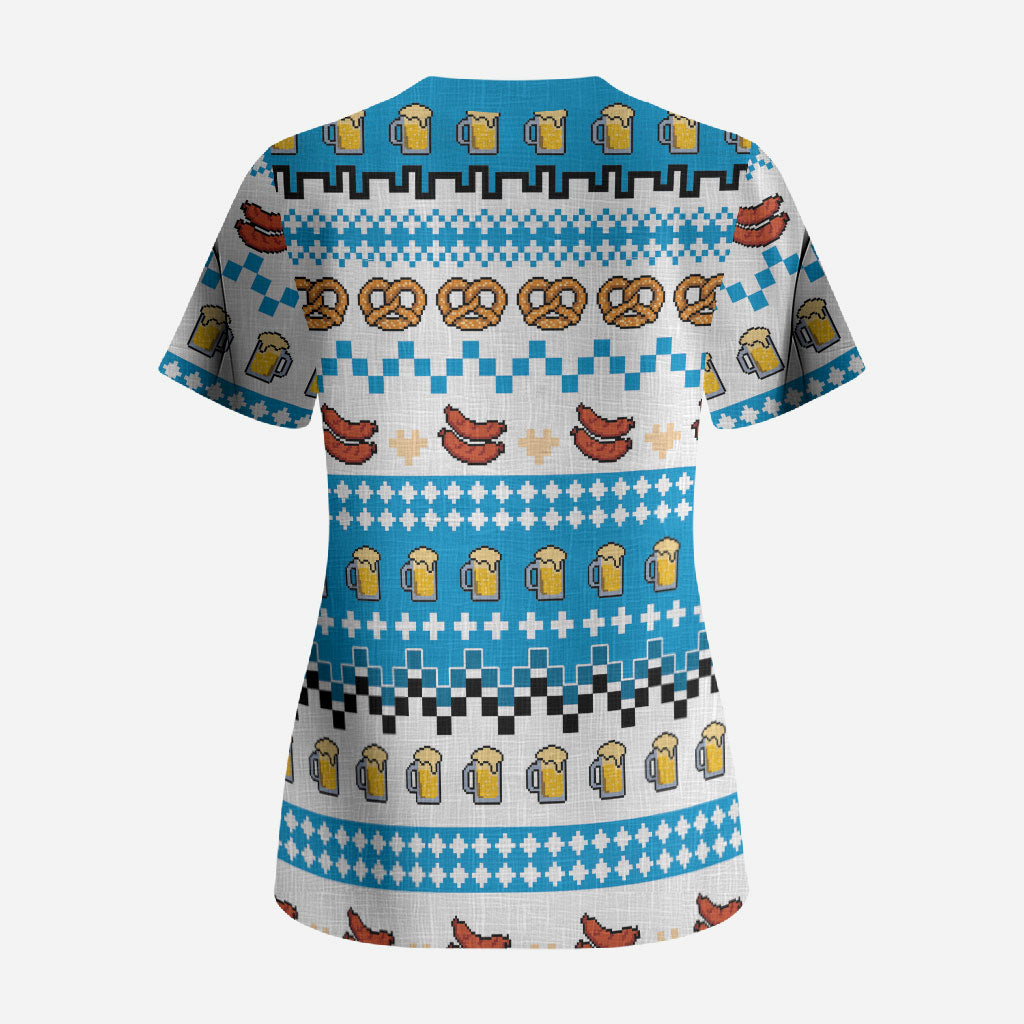 Oktoberfest Checklist Scrub Top Pixel Beer Pretzel Sausage Bavarian Pattern