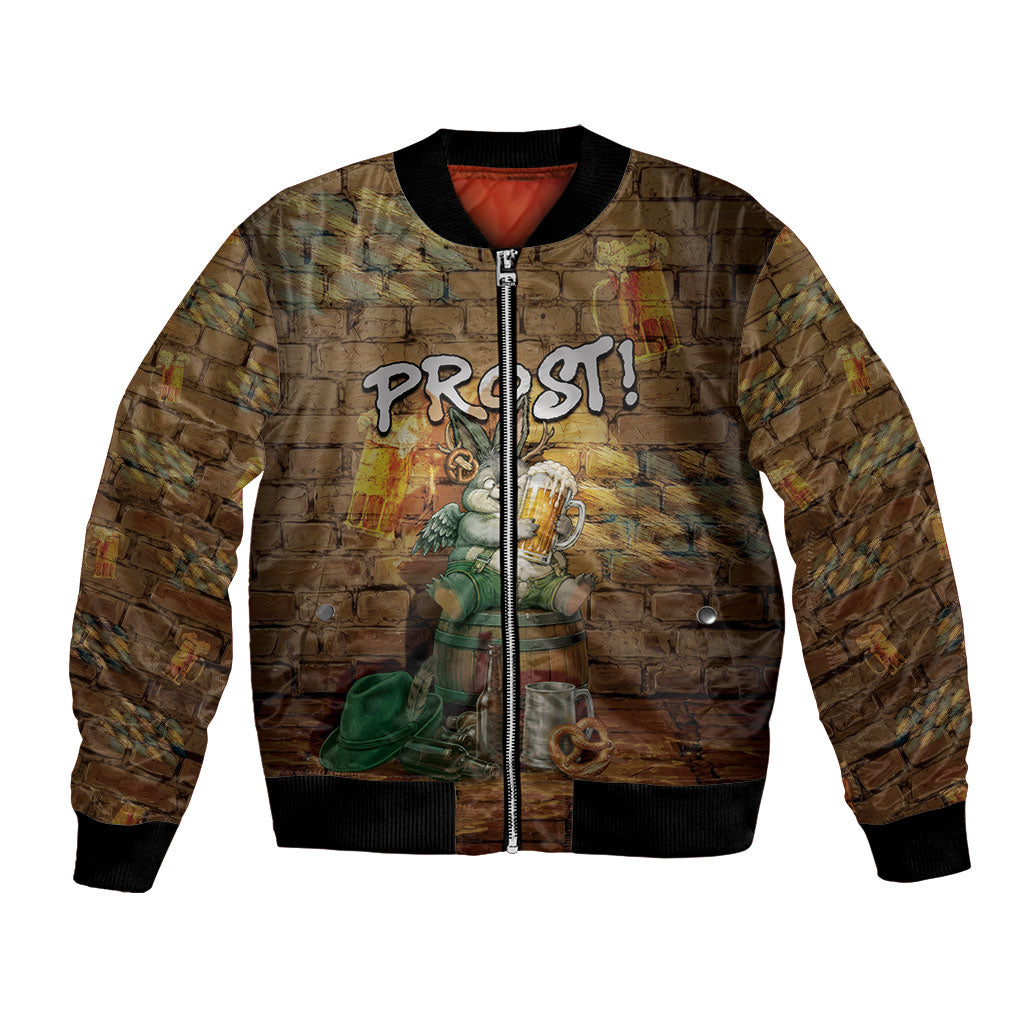 Oktoberfest Wolpertinger Bomber Jacket Prost Beer Horned Rabbit Pretzel Barrel