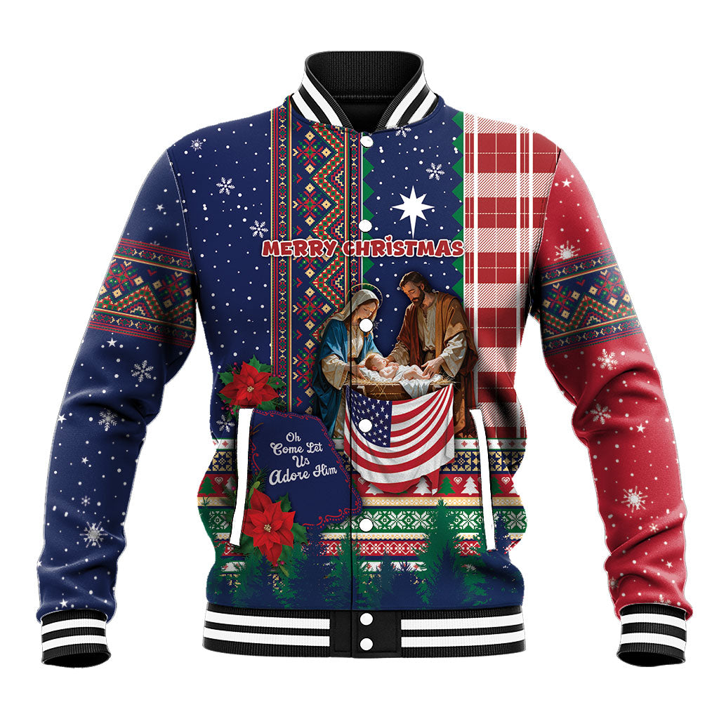 USA Christmas Holy Family Baseball Jacket Patriotic Nativity Scene Winter Holiday Knit