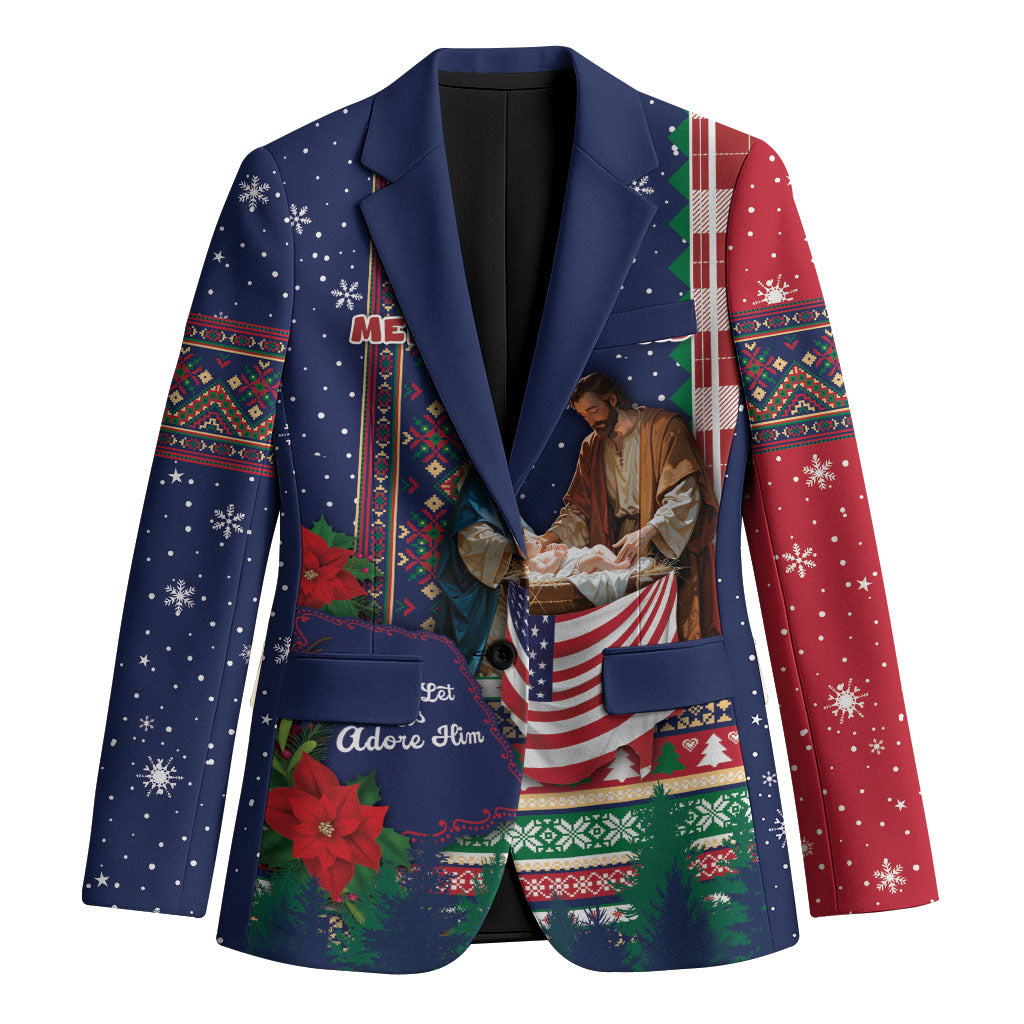 USA Christmas Holy Family Blazer Patriotic Nativity Scene Winter Holiday Knit