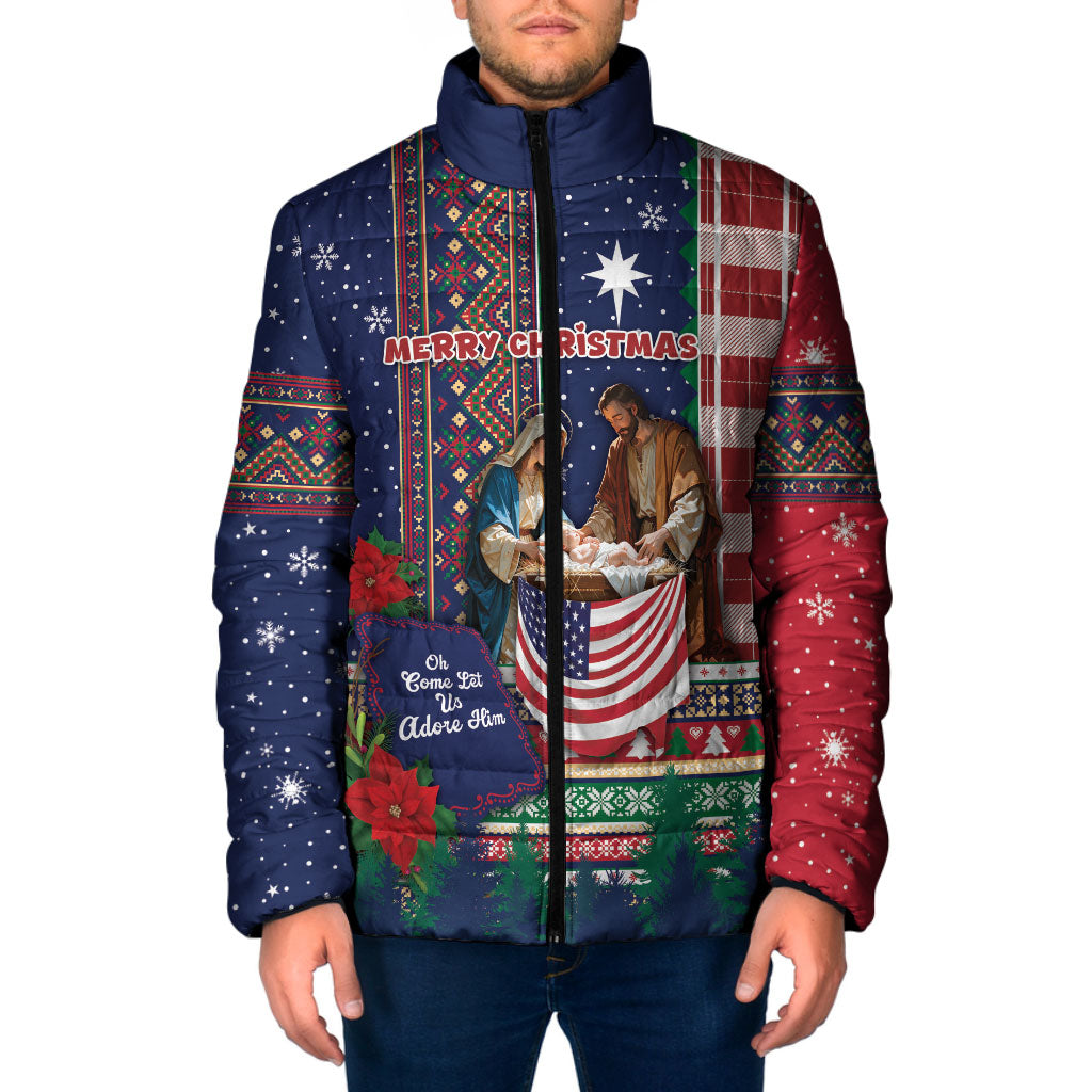 USA Christmas Holy Family Padded Jacket Patriotic Nativity Scene Winter Holiday Knit
