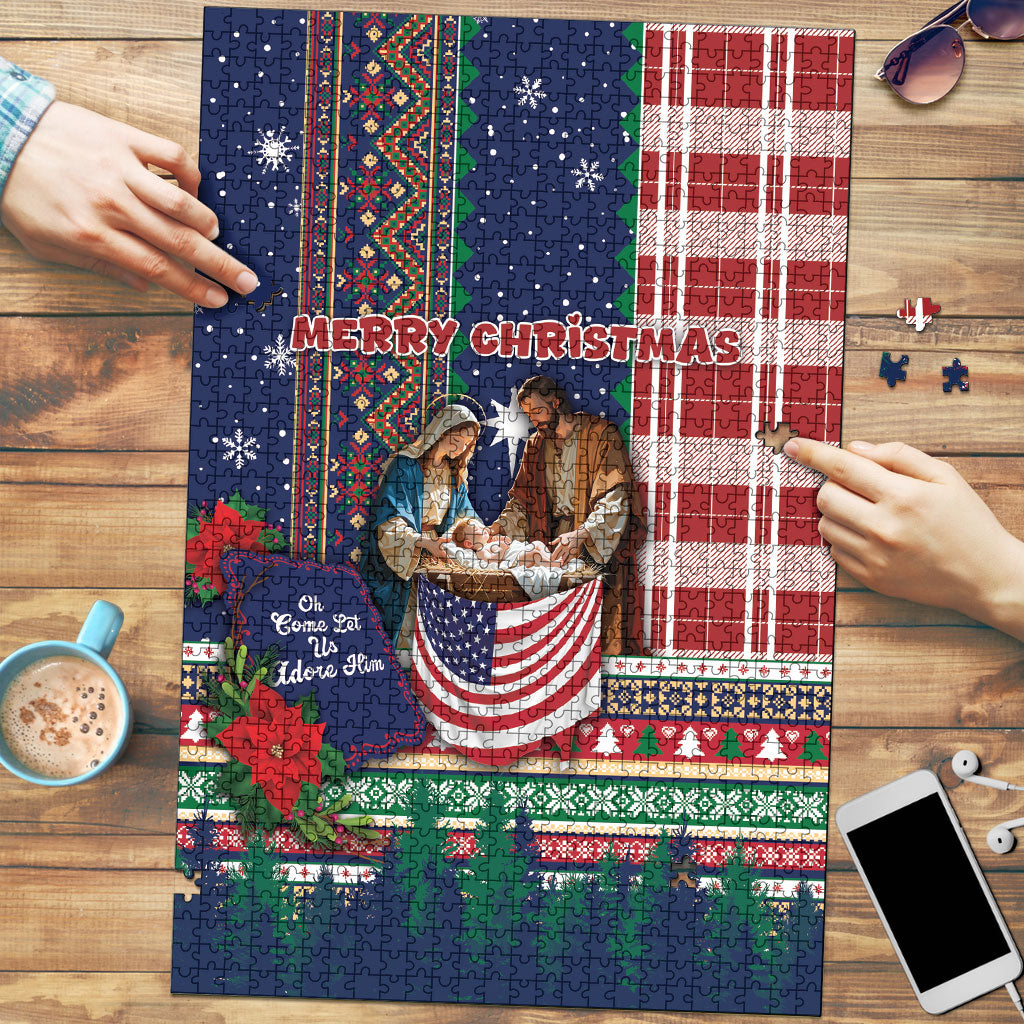 USA Christmas Holy Family Puzzle Patriotic Nativity Scene Winter Holiday Knit