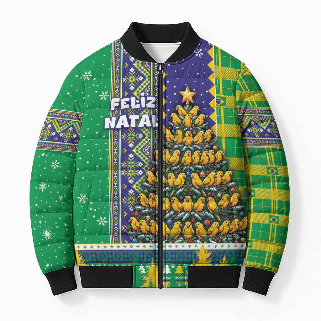 Brazil Christmas Bomber Puffer Jacket Feliz Navidad Golden Parakeet Tree Winter Knit