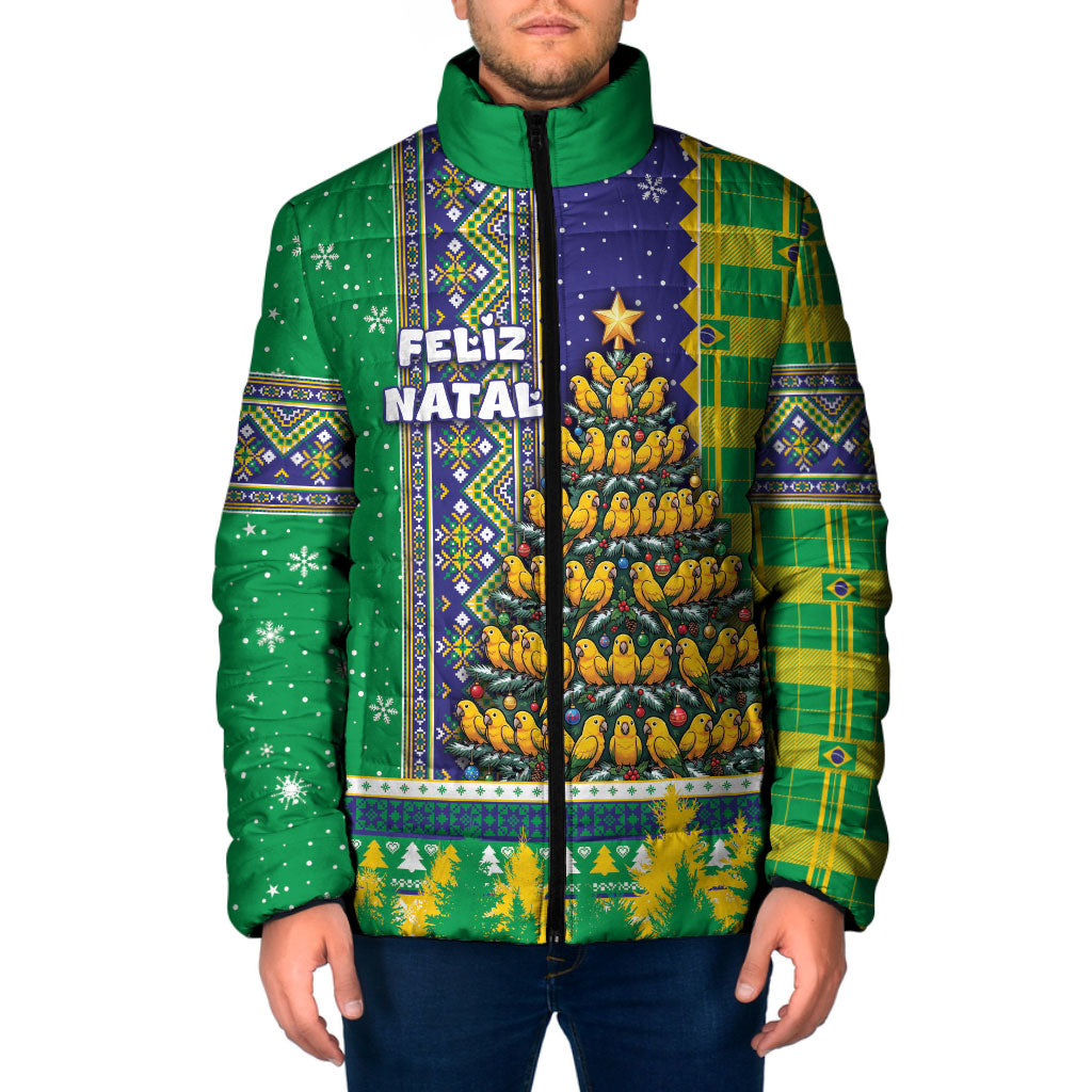 Brazil Christmas Padded Jacket Feliz Navidad Golden Parakeet Tree Winter Knit