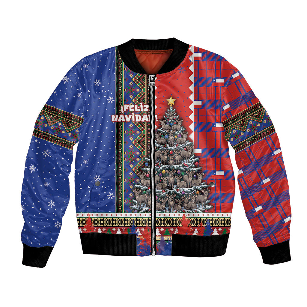 Chile Christmas Bomber Jacket Feliz Navidad South Andean Huemul Tree Winter Knit