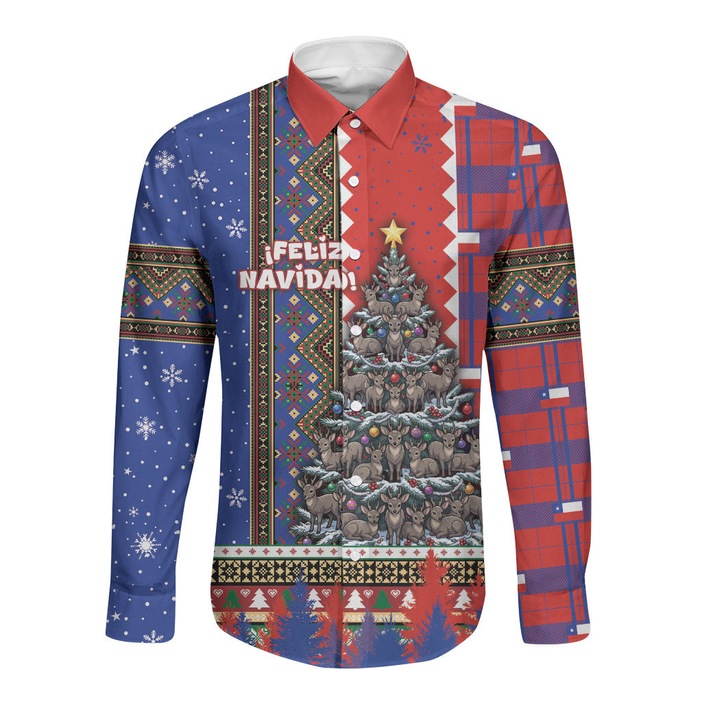 Chile Christmas Long Sleeve Button Shirt Feliz Navidad South Andean Huemul Tree Winter Knit