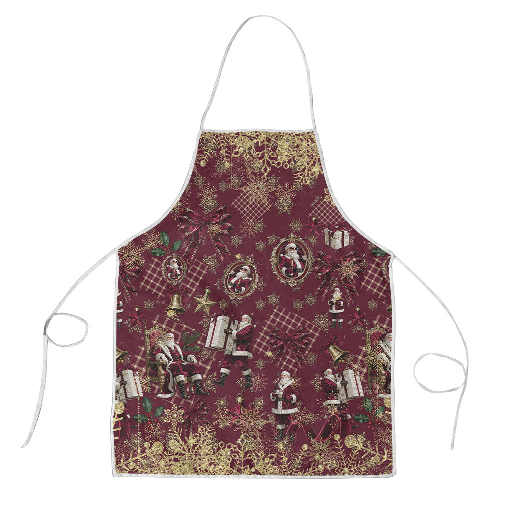 Burgundy Christmas Santa Claus Apron Vintage Kris Kringle Golden Bell Tartan