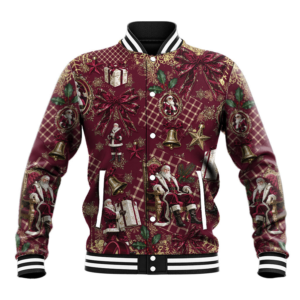 Burgundy Christmas Santa Claus Baseball Jacket Vintage Kris Kringle Golden Bell Tartan