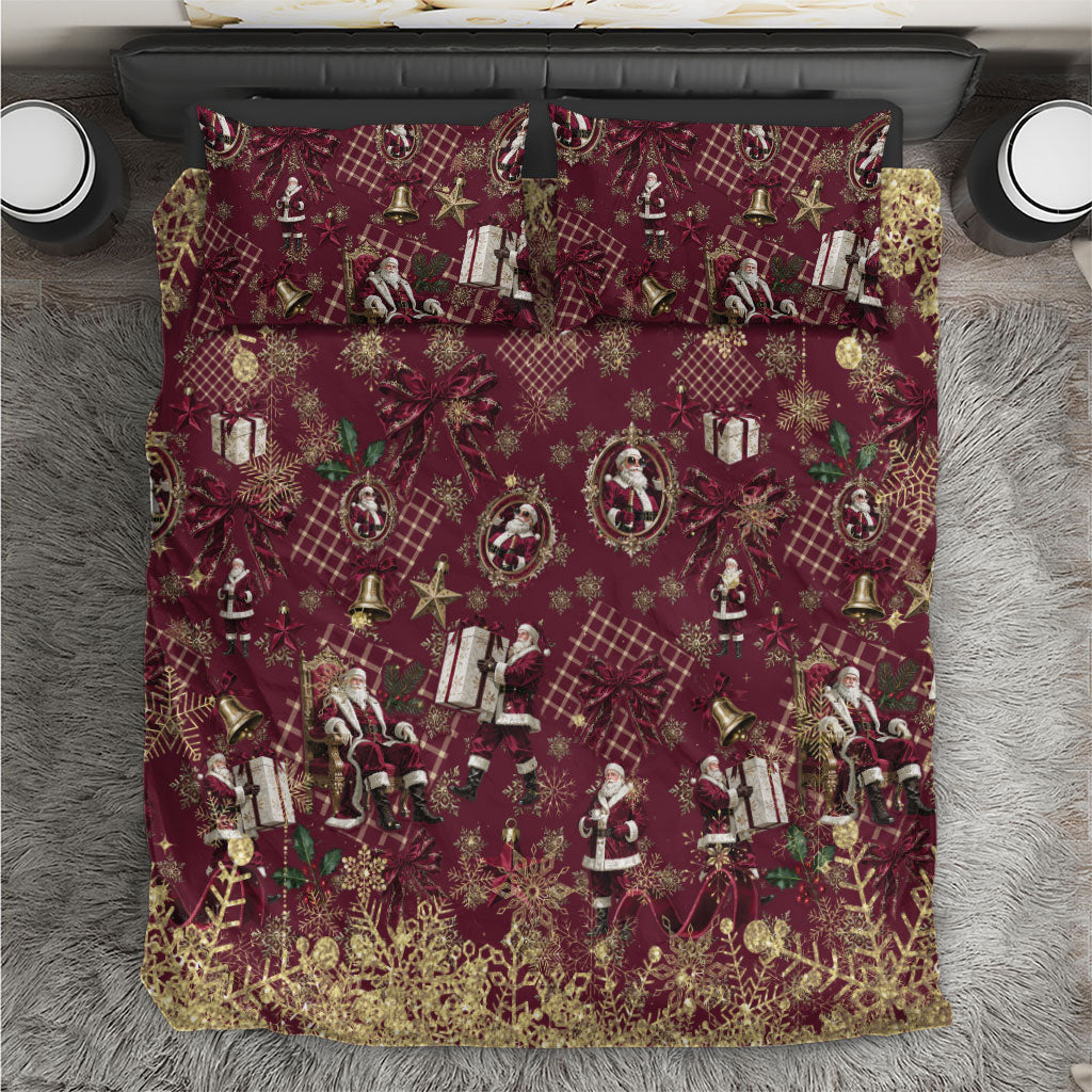 Burgundy Christmas Santa Claus Bedding Set Vintage Kris Kringle Golden Bell Tartan