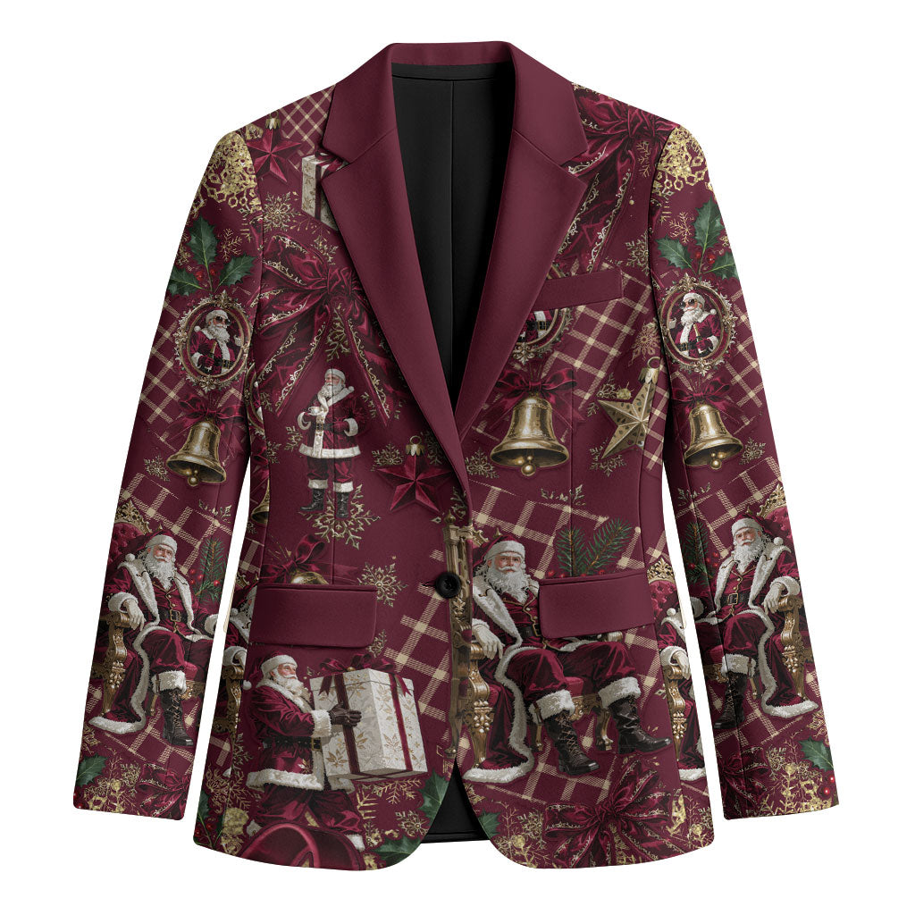 Burgundy Christmas Santa Claus Blazer Vintage Kris Kringle Golden Bell Tartan