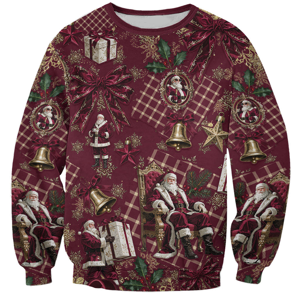Burgundy Christmas Santa Claus Sweatshirt Vintage Kris Kringle Golden Bell Tartan