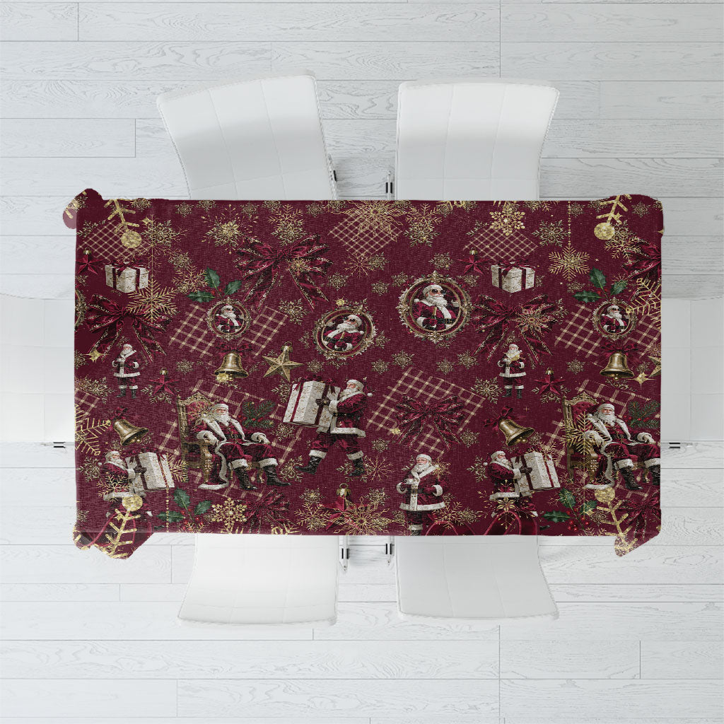 Burgundy Christmas Santa Claus Tablecloth Vintage Kris Kringle Golden Bell Tartan