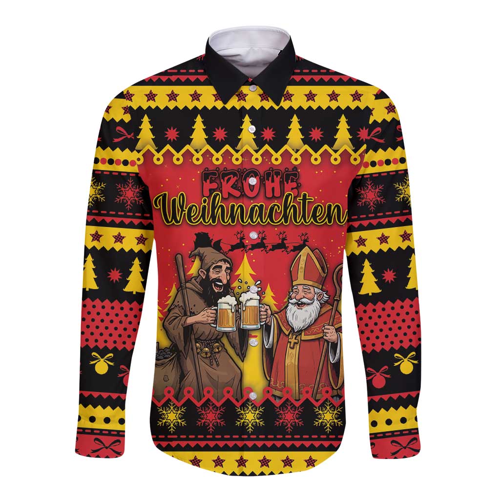 Germany Christmas Long Sleeve Button Shirt Saint Nicholas And Knecht Ruprecht Drink Beer - Wonder Print Shop