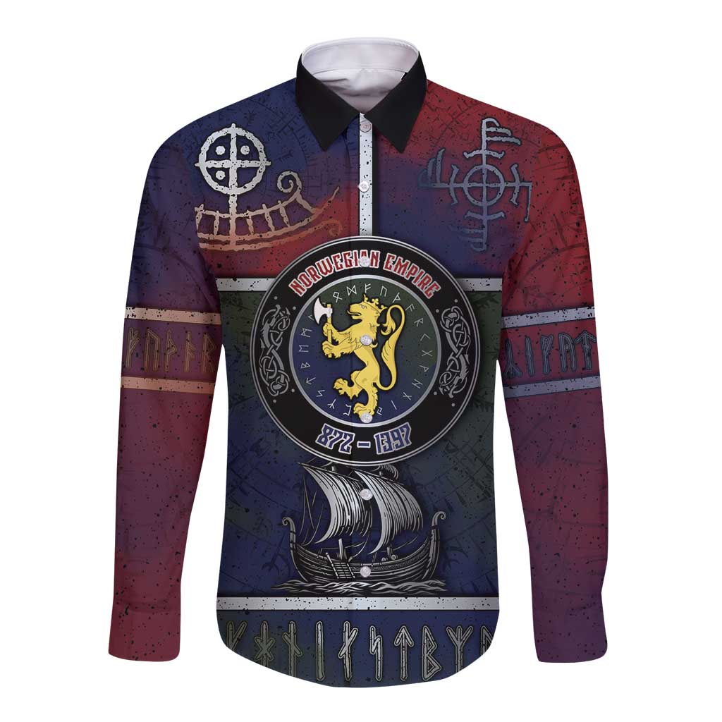 Personalized Norwegian Empire Long Sleeve Button Shirt Ancient Viking Patterns - Wonder Print Shop