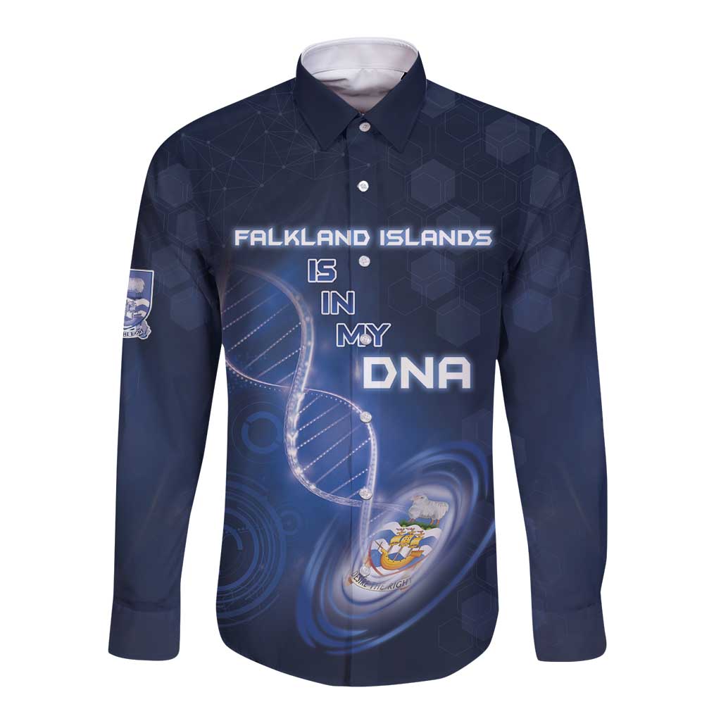 Dark blue long sleeve button shirt, front DNA text and Falkland emblem