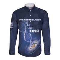Dark blue long sleeve button shirt, front DNA text and Falkland emblem