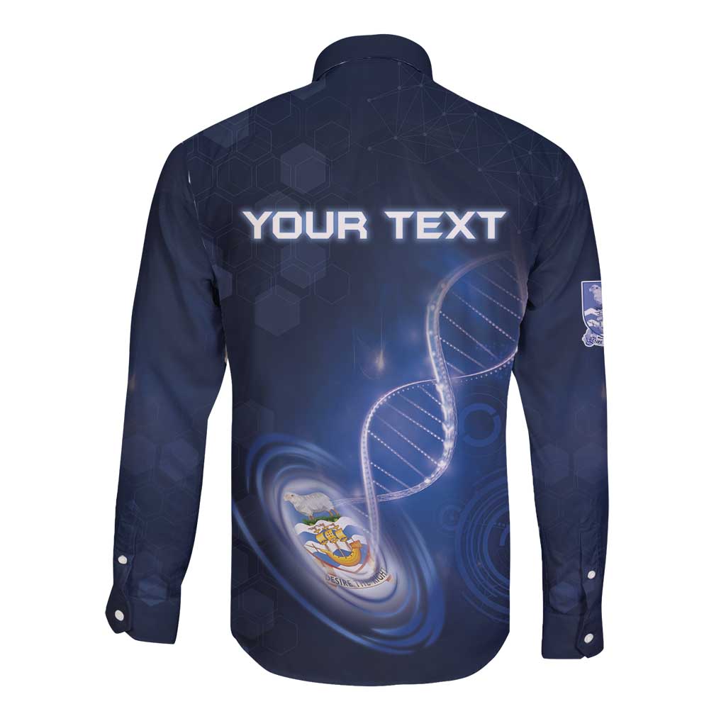 Dark blue long sleeve button shirt with YOUR TEXT back graphic and crest