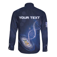 Dark blue long sleeve button shirt with YOUR TEXT back graphic and crest