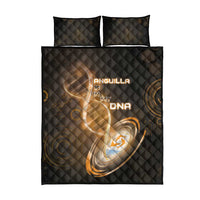 Quilt bed set with dark quilt comforter and two pillowcases, featuring orange DNA graphic
