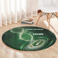 Green round area rug with Virgin Islands in my DNA text and swirl heart design