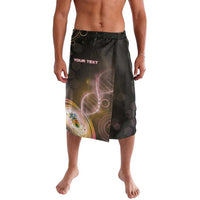 Black personalized lava lava wrap skirt with 'YOUR TEXT' and colorful graphic print