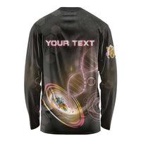 Black long-sleeve shirt with 'YOUR TEXT' back print and sleeve badge graphic