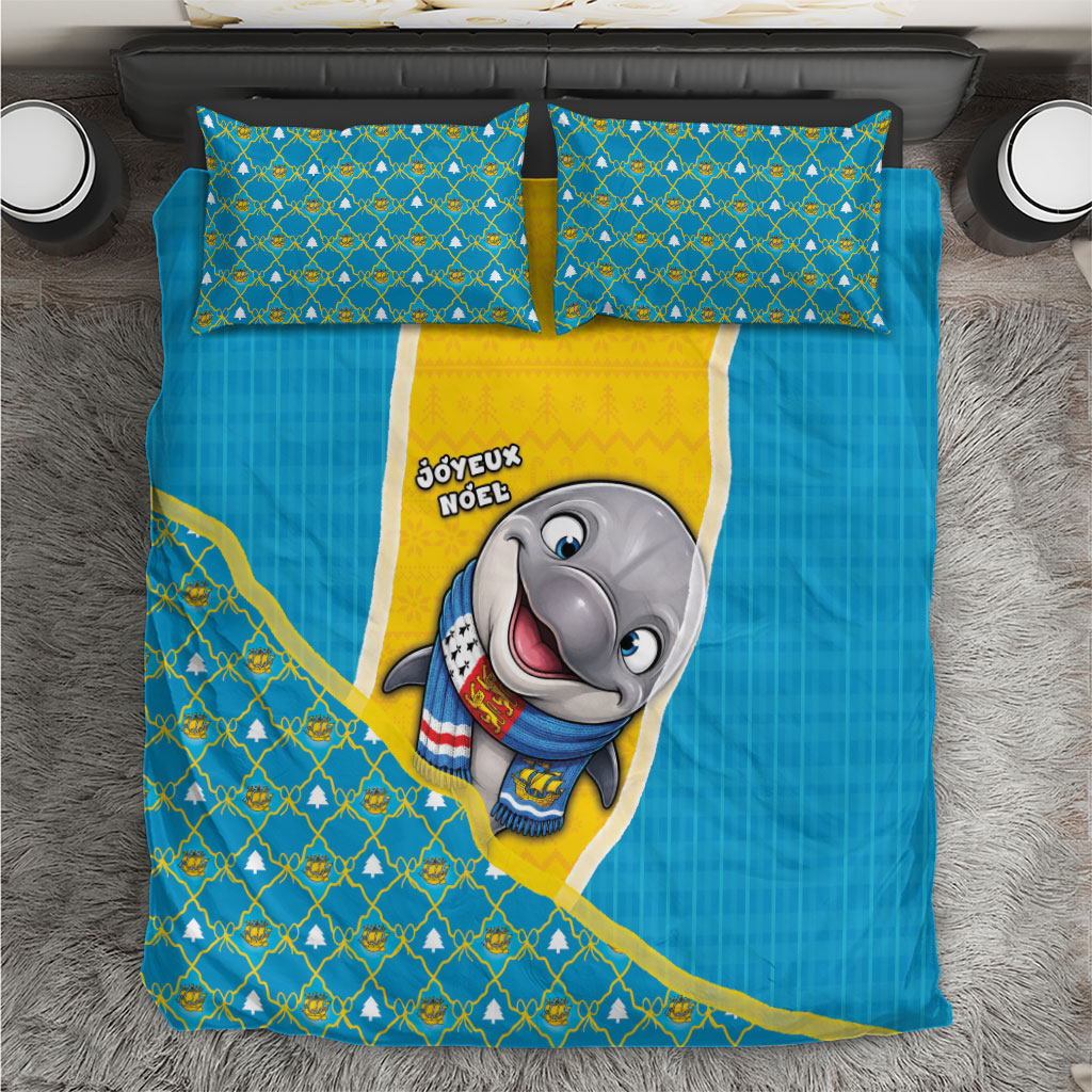 Saint Pierre And Miquelon Christmas Bedding Set Cute Dolphin Joyeux Noel Snowflake