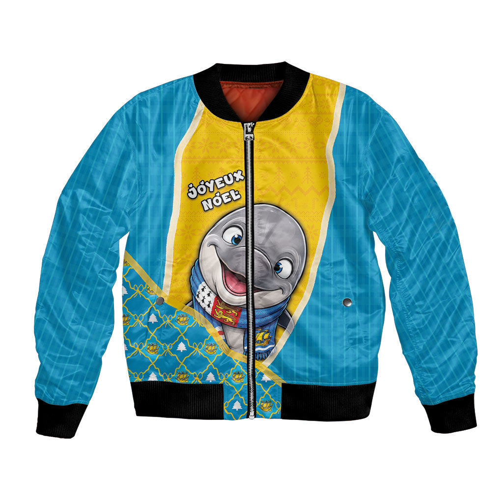 Saint Pierre And Miquelon Christmas Bomber Jacket Cute Dolphin Joyeux Noel Snowflake