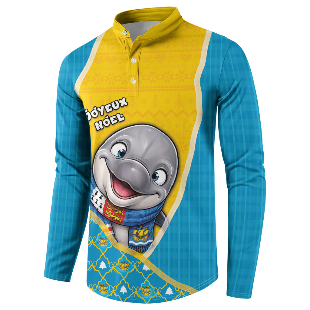Saint Pierre And Miquelon Christmas Button Sweatshirt Cute Dolphin Joyeux Noel Snowflake