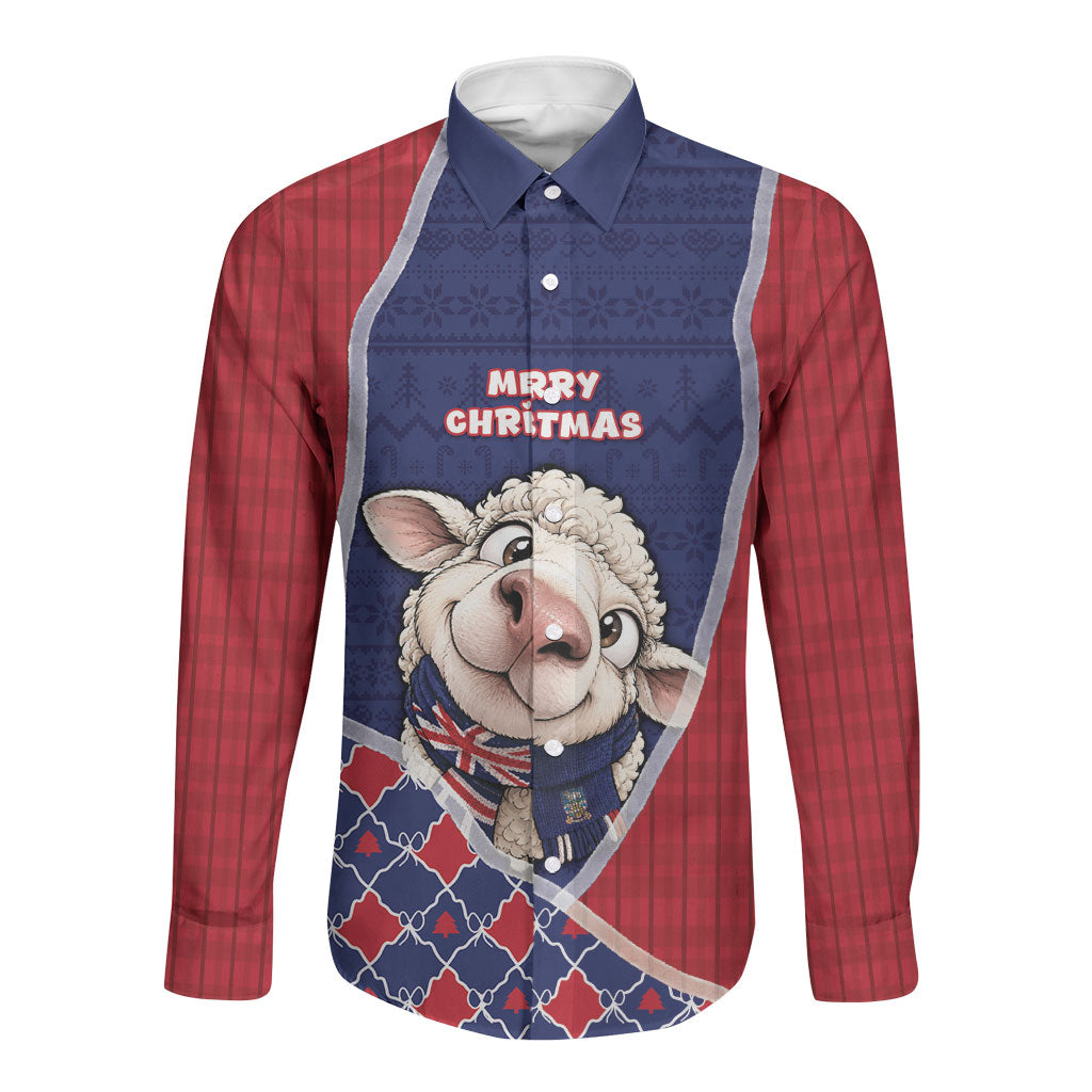 Falkland Islands Christmas Long Sleeve Button Shirt Cute Sheep Puffer Snowflake
