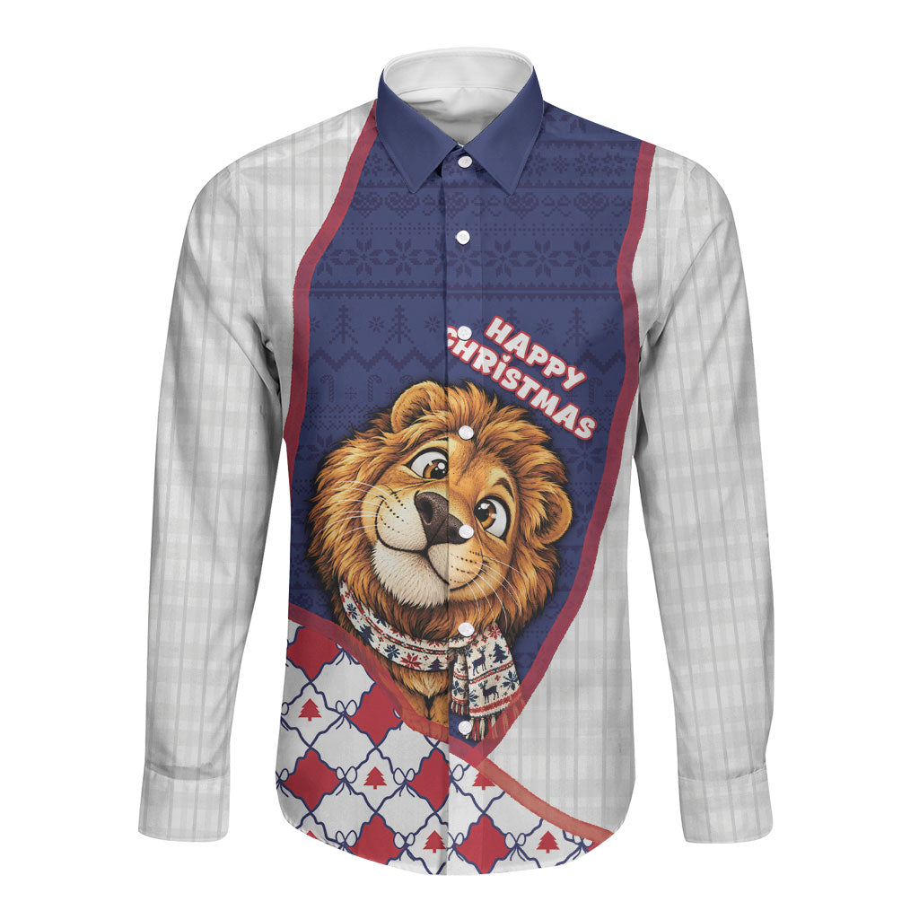 British Antarctic Territory Christmas Long Sleeve Button Shirt Cute Lion Puffer Snowflake
