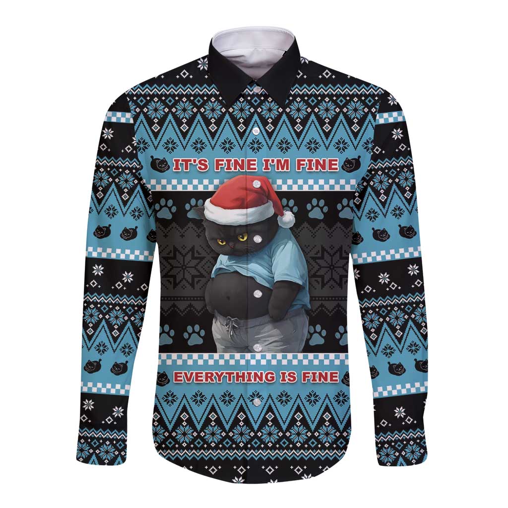 Cat Christmas Long Sleeve Button Shirt It’s Fine I’m Fine Everything Is Fine - Wonder Print Shop