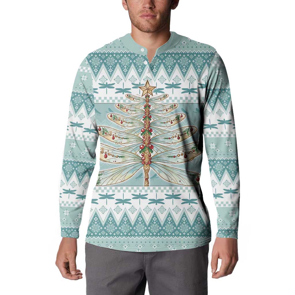 Dragonfly Christmas Button Sweatshirt Frosty Minty Xmas Tree - Wonder Print Shop