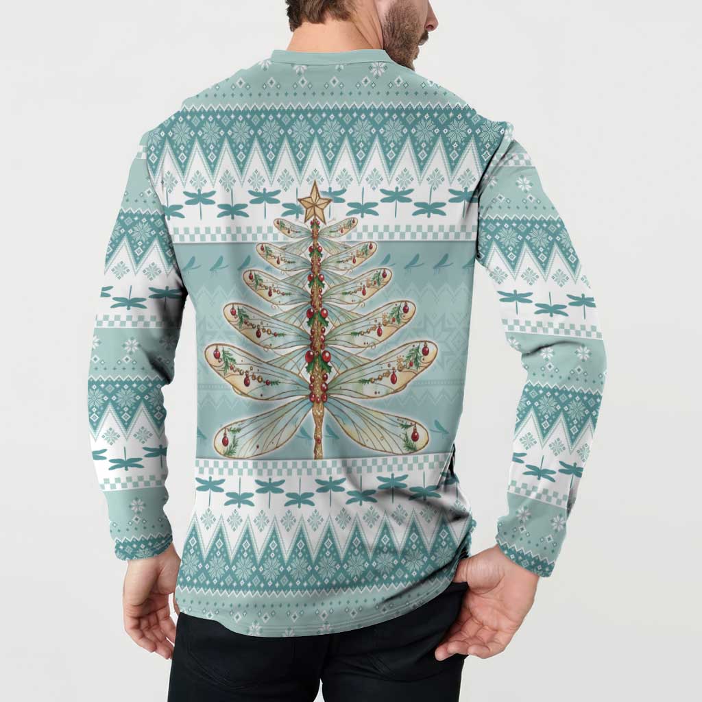 Dragonfly Christmas Button Sweatshirt Frosty Minty Xmas Tree - Wonder Print Shop