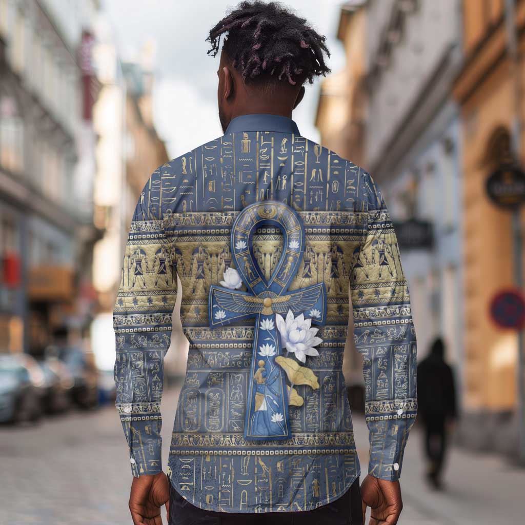 Ankh Egypt Long Sleeve Button Shirt Egyptian Lotus Flowers