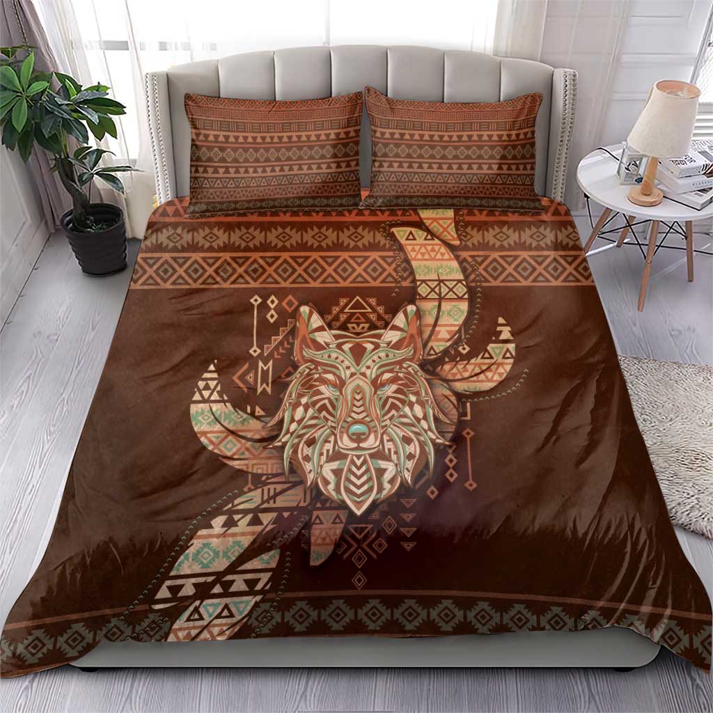 Wolf Native American Bedding Set Tribal Geometric Earth Tone