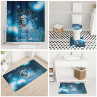 Ocean-themed bathroom set featuring shower curtain, toilet mat, and bath rugs