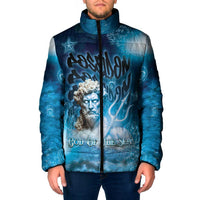 Blue padded full-zip jacket with stand collar and sea god front graphic
