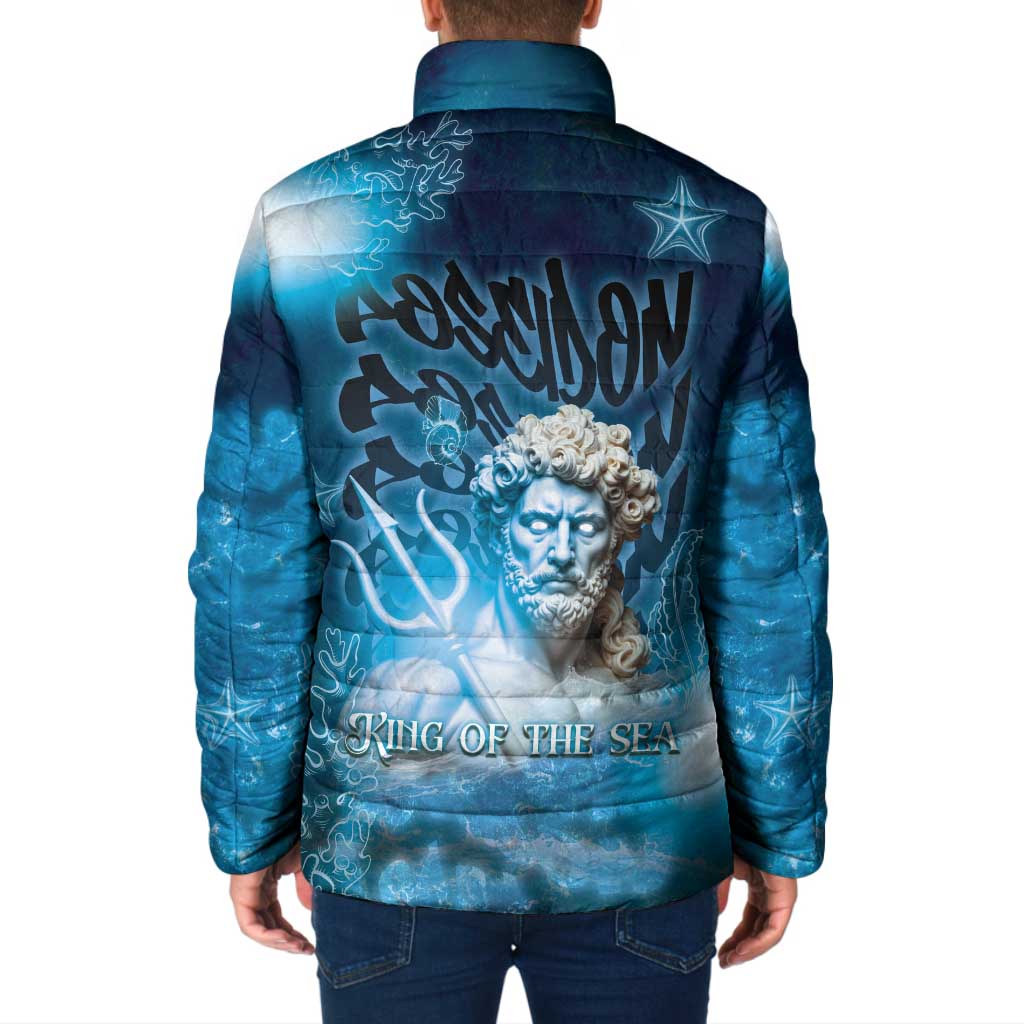 Blue padded full-zip jacket with stand collar and sea god back graphic