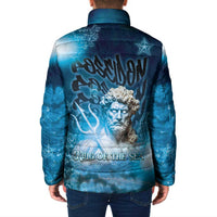 Blue padded full-zip jacket with stand collar and sea god back graphic