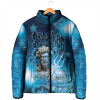 Blue padded full-zip jacket with stand collar and sea god graphic, front view