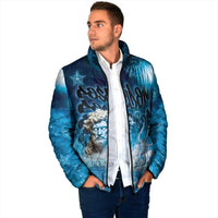 Blue padded full-zip jacket with stand collar, sea god front print, worn