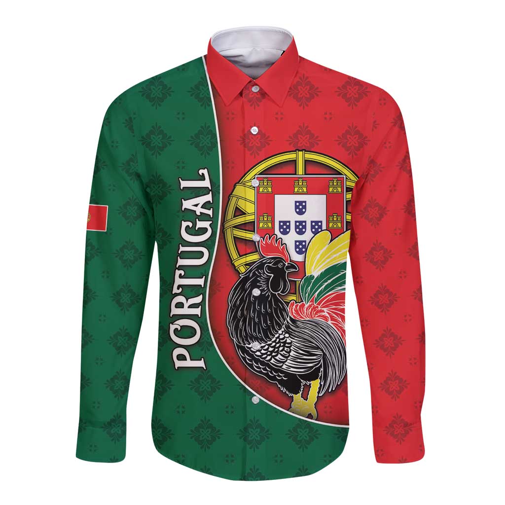 Personalized Portugal Long Sleeve Button Shirt Rooster With Coat Of Arms - Wonder Print Shop