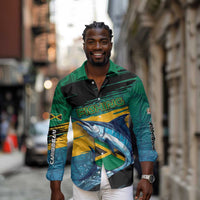 Personalized Afro-Jamaicans Fishing Long Sleeve Button Shirt Blue Marlin Fish