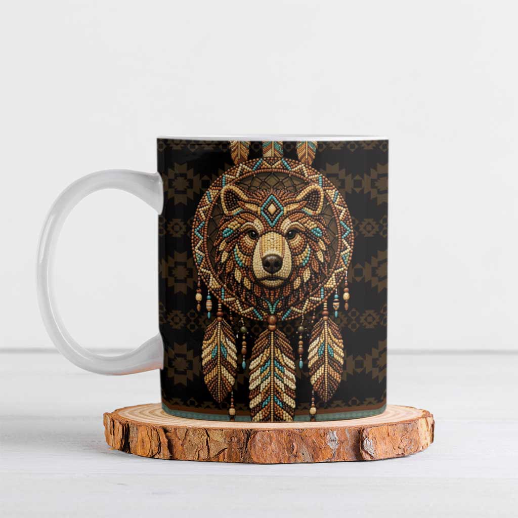 Bear Native American Ceramic Mug Tribal Feather Dreamcatcher Boho Style