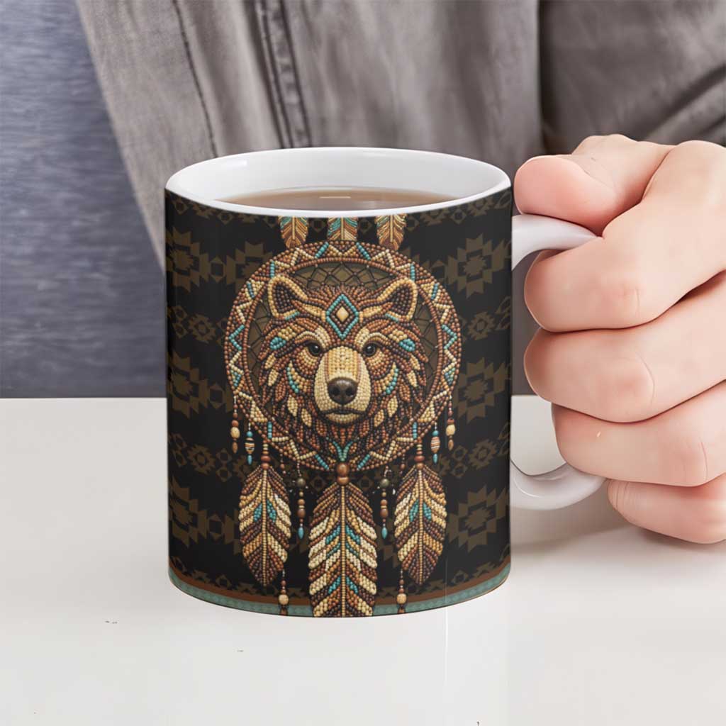 Bear Native American Ceramic Mug Tribal Feather Dreamcatcher Boho Style