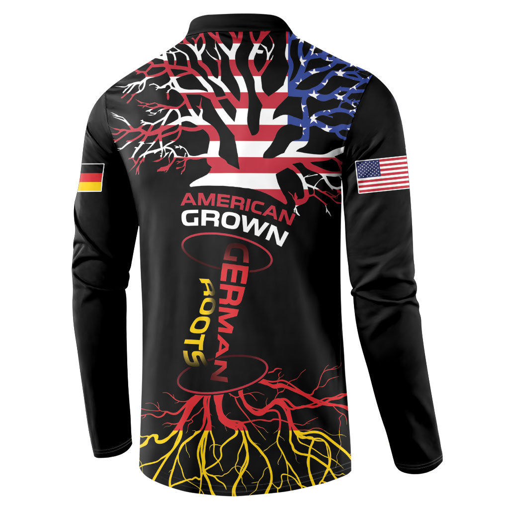 German American Heritage Month Button Sweatshirt USA Grown Germany Roots Tree Flag Pattern