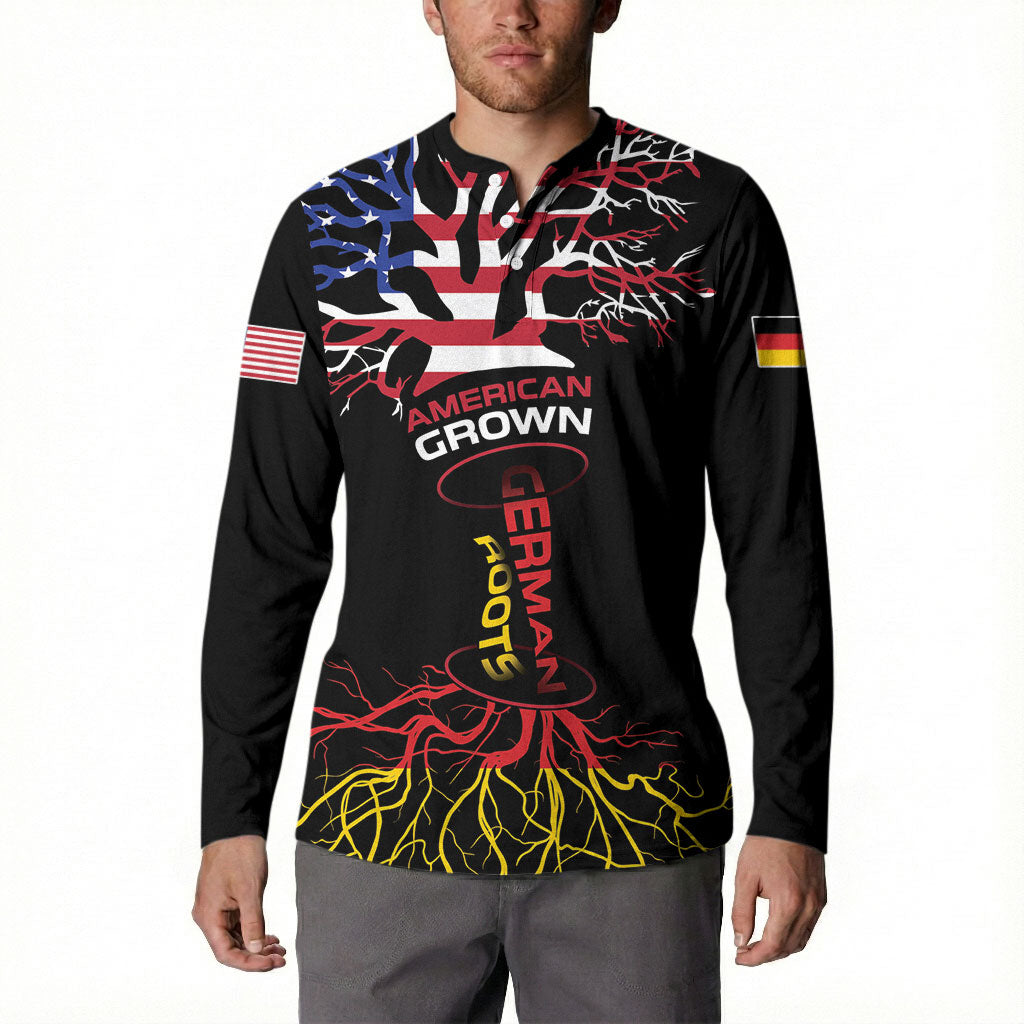 German American Heritage Month Button Sweatshirt USA Grown Germany Roots Tree Flag Pattern