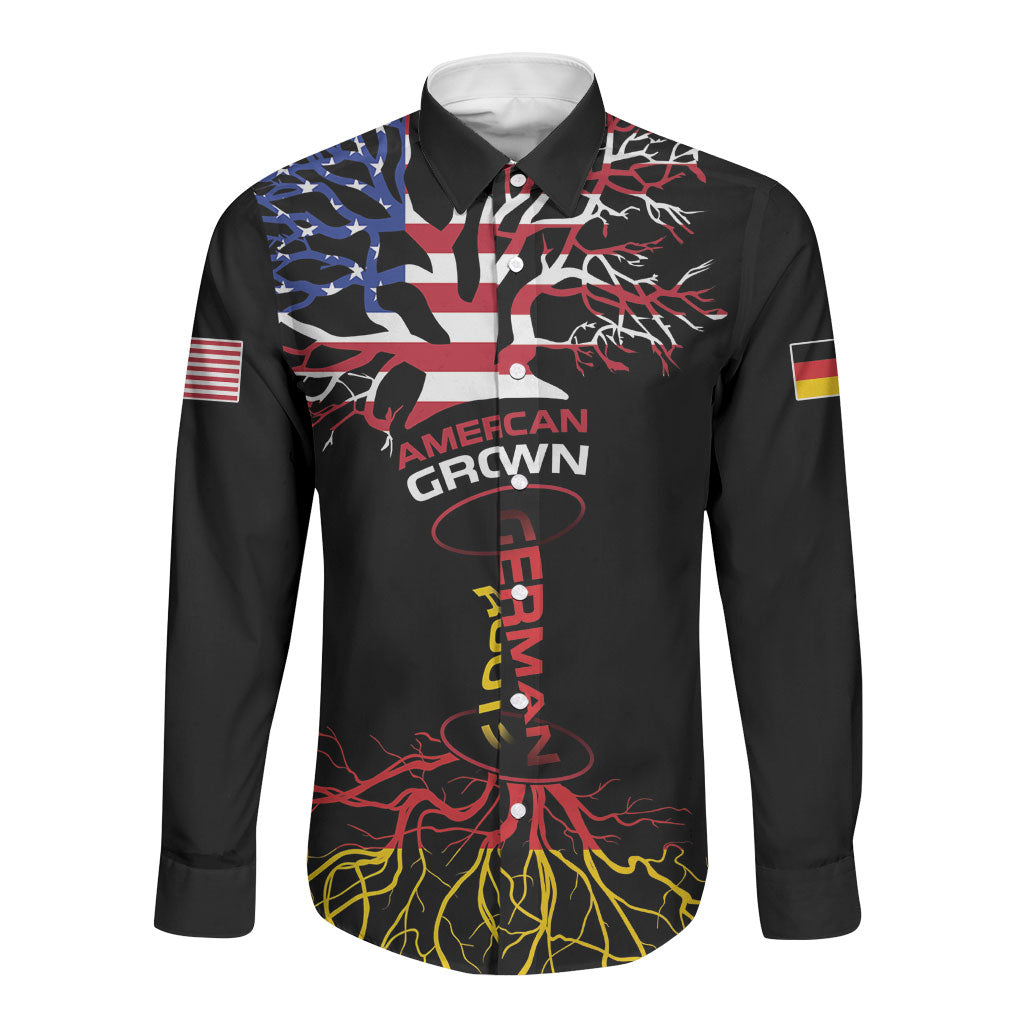 German American Heritage Month Long Sleeve Button Shirt USA Grown Germany Roots Tree Flag Pattern